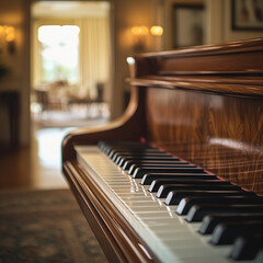 Elegant Piano Display in a Scenic Setting with a Refined Background, Highlighted by Soft Ambient Lighting and a Tranquil Atmosphere, Perfect for Capturing the Timeless Beauty and Sophistication of Pia