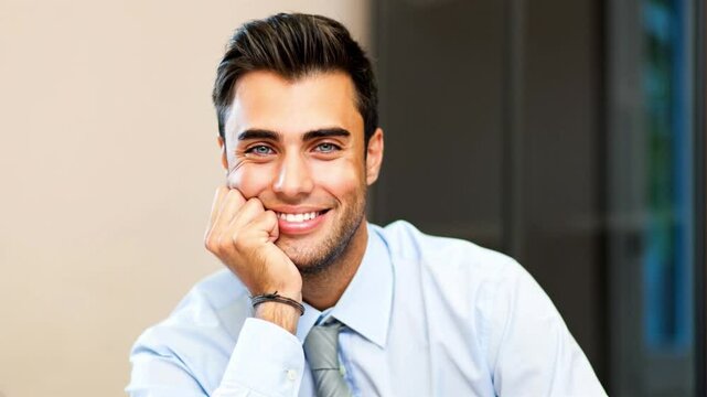 Smiling businessman posing with hand on chin