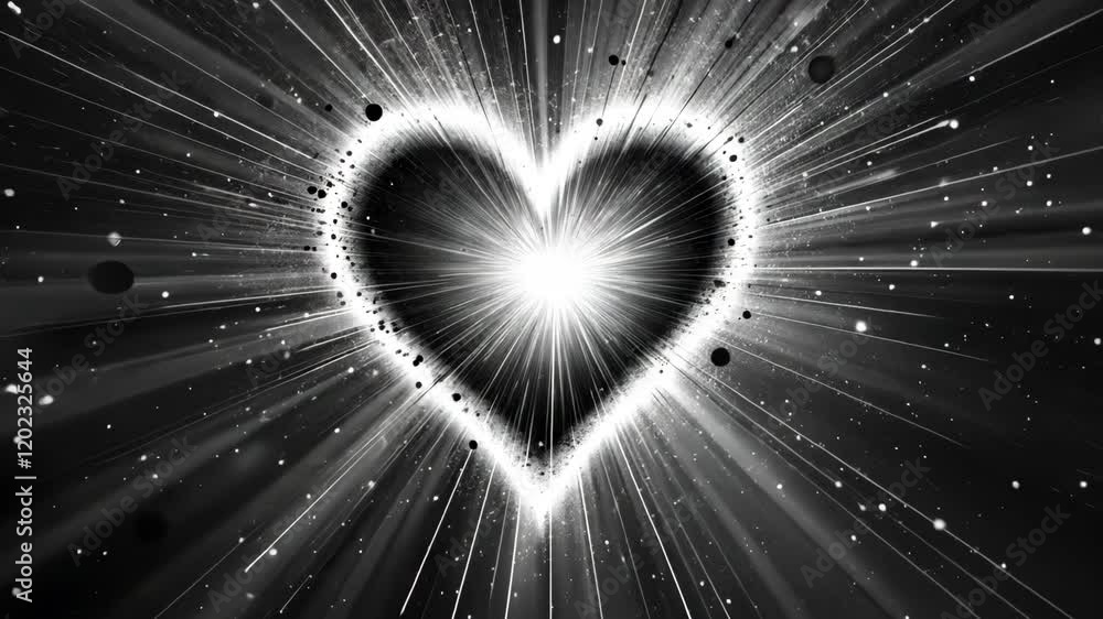 Poster glowing heart shape with light rays bursting in black and white. abstract love symbol animation with