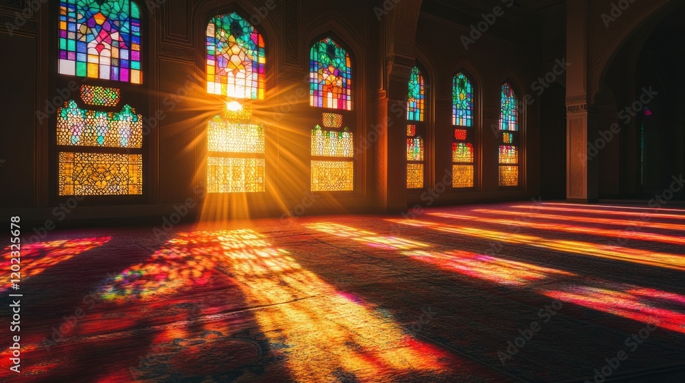 Poster sunlight streaming through colorful stained glass windows casting vibrant patterns on floor