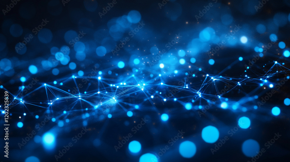 Poster dynamic blue light patterns create a vibrant digital landscape in a modern abstract design