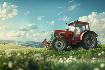 Fototapeta premium Red tractor sitting in a sprawling field beneath a bright sky, symbolizing the essence of hard work in farming.