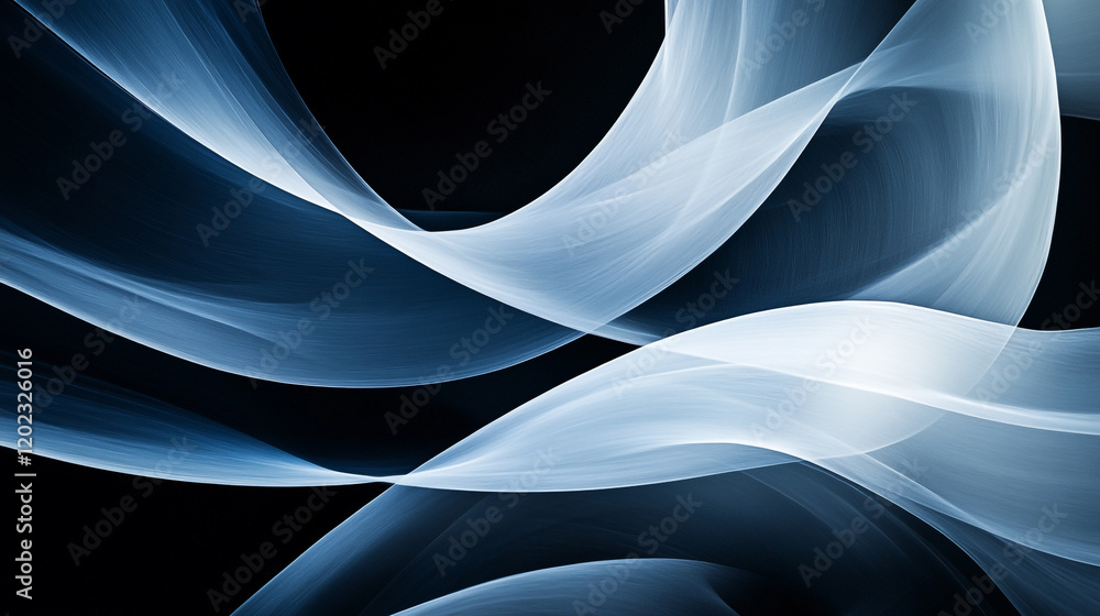 Poster swirling blue and white waves create abstract patterns in a dark setting