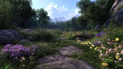 Mountain meadow path, wildflowers, scenic view, summer
