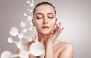 White molecules structure near beautiful sensual woman.