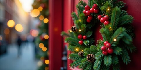 Red berries, pine cones adorn Christmas wreath on door Festive bokeh , merry christmas, holiday frame