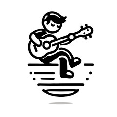 Playful icon illustration of a young man playing guitar while sitting
