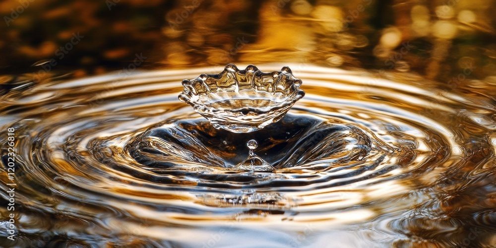 Poster a drop of water falls into a tranquil pool, creating a series of ripples. the surface reflects warm 