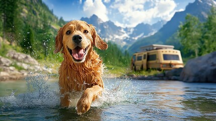 Exploring Nature with Your Pet, a dog splashing in a river while a camper in the background enjoys a peaceful moment