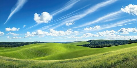 Obraz premium Lush green hills stretch across the landscape, bathed in sunlight. Wispy clouds drift in a clear blue sky, enhancing the tranquil atmosphere of the scenery