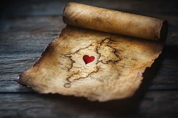 Rolled parchment map featuring a red heart symbol on an island, placed on weathered wood. Concept of love, adventure, or treasure hunt.