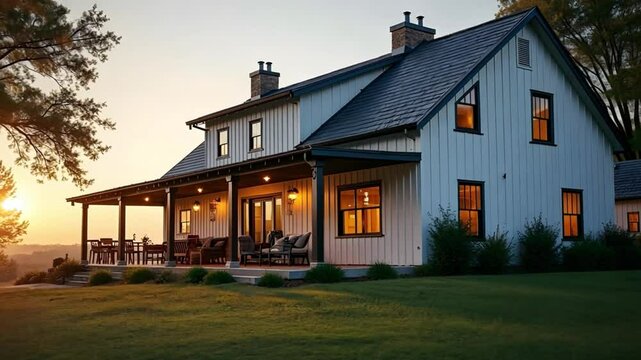 Large White Farmhouse with Wrap-Around Porch at Sunset