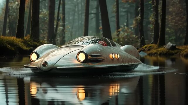 Futuristic amphibious car navigating a serene forest pond