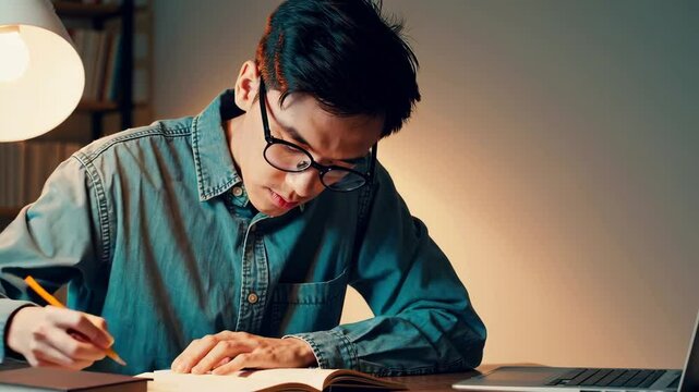 Writing Scene with Focused Young Man in Professional Footage