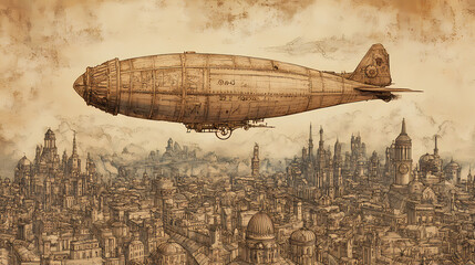 Naklejka premium Steampunk airship soaring over an antique city. Steampunk Airship Adventure. Illustration