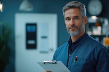 Professional Man Holding a Clipboard in an Office Setting. Grey-haired individual exuding experience and reliability.