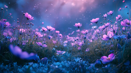 Fototapeta premium Vibrant wildflowers bloom under soft sunlight in a serene garden landscape
