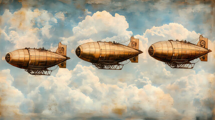 Three steampunk airships fly through a cloudy sky. Steampunk Airship Adventure. Illustration