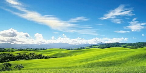 Fototapeta premium Rolling green hills stretch under a clear blue sky adorned with wispy clouds. The landscape presents a tranquil atmosphere, showcasing nature's beauty