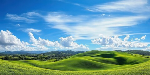 Obraz premium Sweeping green hills stretch across the landscape beneath a vibrant blue sky filled with fluffy white clouds, creating a serene countryside atmosphere