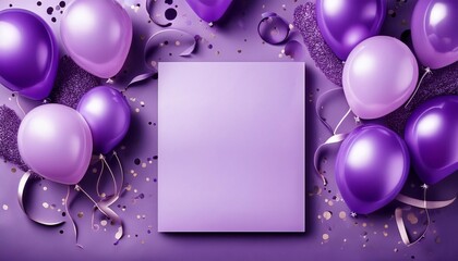 clean birthday invitation card with purple balloons and confetti