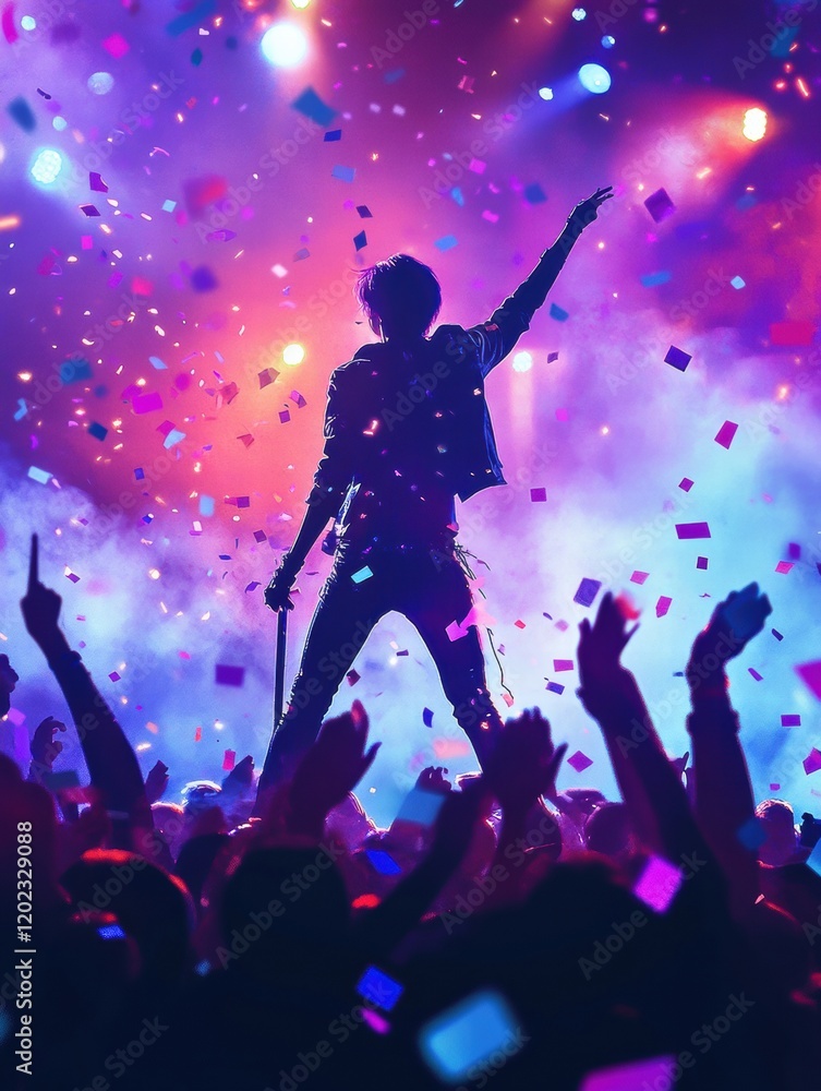 Poster k pop idol delivers an electrifying performance on stage surrounded by lights and a cheering crowd. 