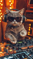 Gray cat with headphones and sunglasses playing music as a dj on a mixing console with lights in...