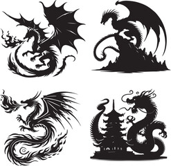 Dragon Silhouette Collection: Fire-Breathing, Perched, Flying, and Coiled – Black and White Fantasy Art, dragon  black and white silhouette, dragon vector isolated on white background, dragon flying