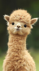 Fototapeta premium Endearing baby alpaca captivates with its fluffy, golden fur and sweet expression, creating a heartwarming portrait of youthful innocence in the animal kingdom