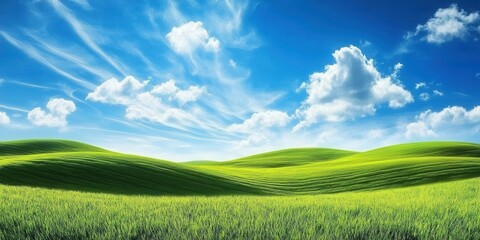 Obraz premium Rolling green hills stretch under a bright blue sky, adorned with fluffy white clouds, creating a serene and inviting landscape in daylight