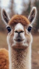 Fototapeta premium Capturing the portrait of a vicuña, showcasing its stunning fur and gentle expression in close-up, surrounded by a beautifully blurred background with a soft bokeh effect