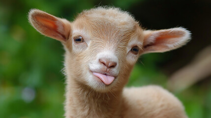 Fototapeta premium Close-up of a cute baby lamb playfully sticking its tongue out, surrounded by a softly blurred green background, capturing the essence of innocence and joy in nature
