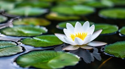 White water lily blossom in pond, serene nature scene, peaceful background, perfect for relaxation