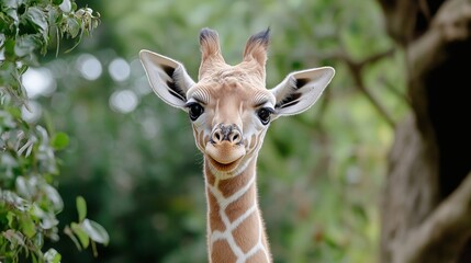 Obraz premium Close-up of adorable baby giraffe with expressive eyes and a gentle smile, showcasing the beauty and innocence of wildlife in natural habitat