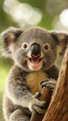 Fototapeta premium Cute koala happily climbing an eucalyptus tree branch, displaying its teeth and relishing the warmth of a sunny day in its natural habitat, surrounded by lush greenery