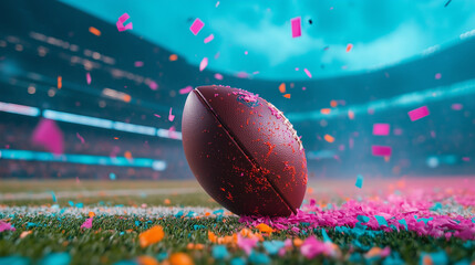 Celebration at the stadium with confetti and a football on the field during a vibrant sports event