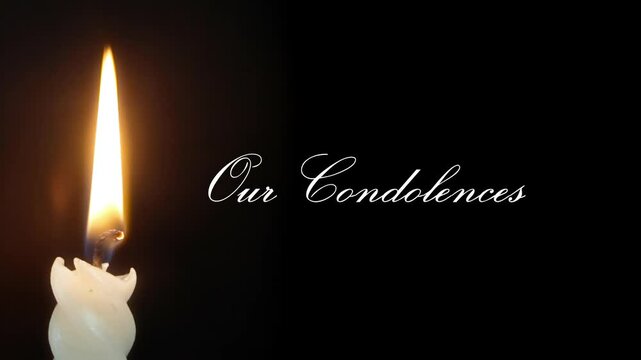 Fine Our Condolences calligraphy text appears, with a flickering candle casting warm light. Intimate and reverent memorial atmosphere. Graceful typography blends with gentle candlelight.

