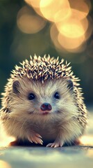 Fototapeta premium Small hedgehog with spiky fur standing on a wooden surface, surrounded by a softly blurred bokeh background, creating an enchanting and heartwarming scene full of charm and cuteness