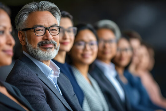 Mature man with diverse business team in conference setting