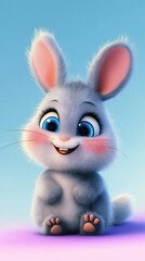 Fototapeta premium Adorable fluffy gray bunny with big blue eyes and pink inner ears is smiling and sitting on a purple surface with a light blue background, creating a heartwarming and joyful scene