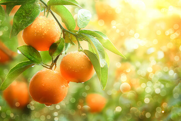 Fresh dew-kissed oranges on tree in sunlit orchard