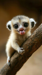 Close-up of an adorable baby mirza coquereli, or coquerel's giant mouse lemur, playfully sticking its tongue out while clinging to a tree branch in its natural habitat