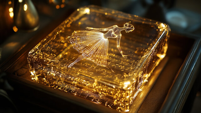 Delicate holographic ballerina captured within an intricate memory box, glowing softly in warm light - Powered by Adobe