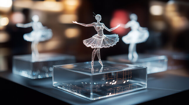 Holographic ballerina figures displayed in a captivating memory box at an art exhibit showcasing modern craftsmanship