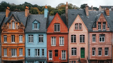 Fototapeta premium Colorful historic houses in European town square, autumn forest backdrop