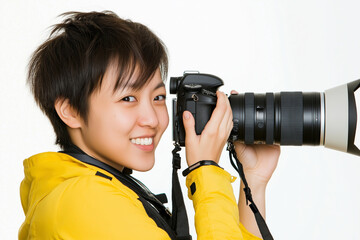 Young, smiling photographer wearing a yellow jacket holds a professional camera with a telephoto lens, capturing a moment against a clean white backdrop