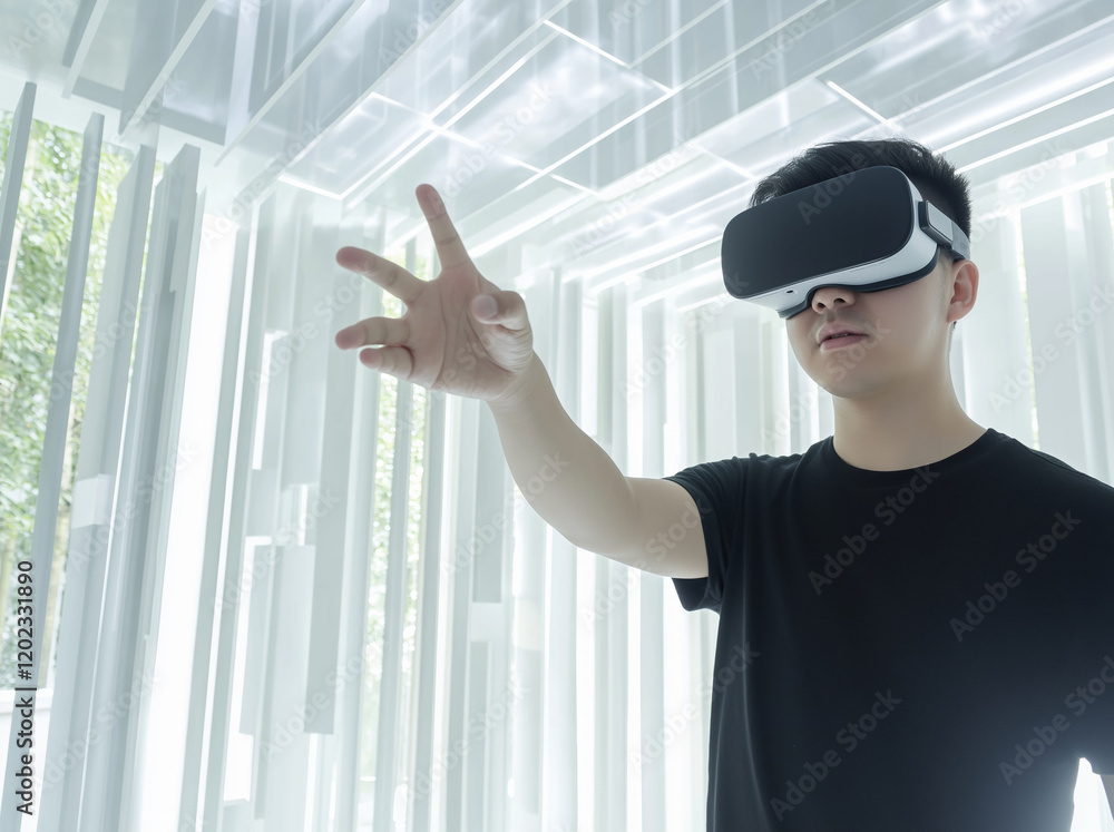 Poster young developer wearing a vr headset engages with a virtual reality environment in a bright, futuris