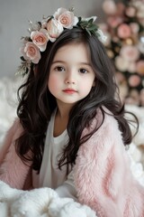 Cute little girl wearing a pink fur coat, a flower hairpin, sitting on the bed with a soft blanket