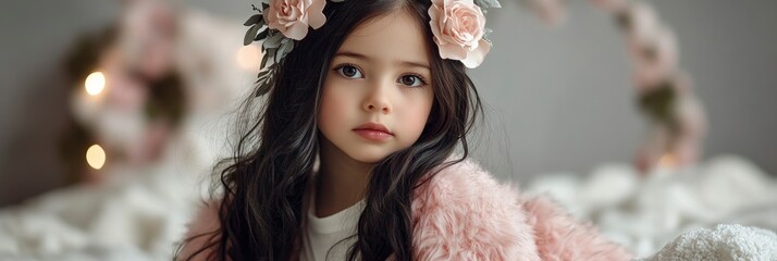 Cute little girl wearing a pink fur coat, a flower hairpin, sitting on the bed with a soft blanket