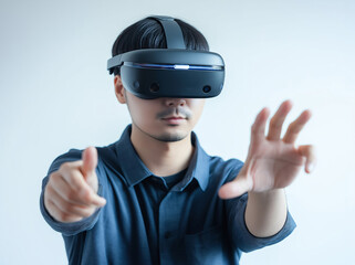 Asian man wearing a vr headset, immersing himself in virtual reality while reaching out to interact with digital elements in the expansive metaverse